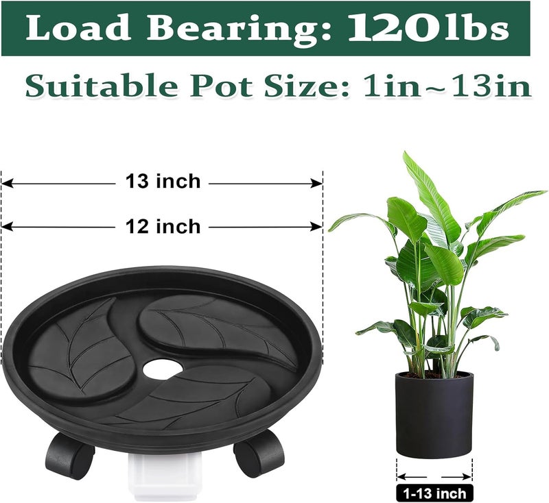 Looca Plant Caddy with Wheels and Drainage Tray, 13”Rolling Plant Stand Flower Pot Mover, Planter Caddies Round Plant Dolly for Heavy Duty Planter, 3 Pack, Bearing 120 lbs (Black) - Image 2